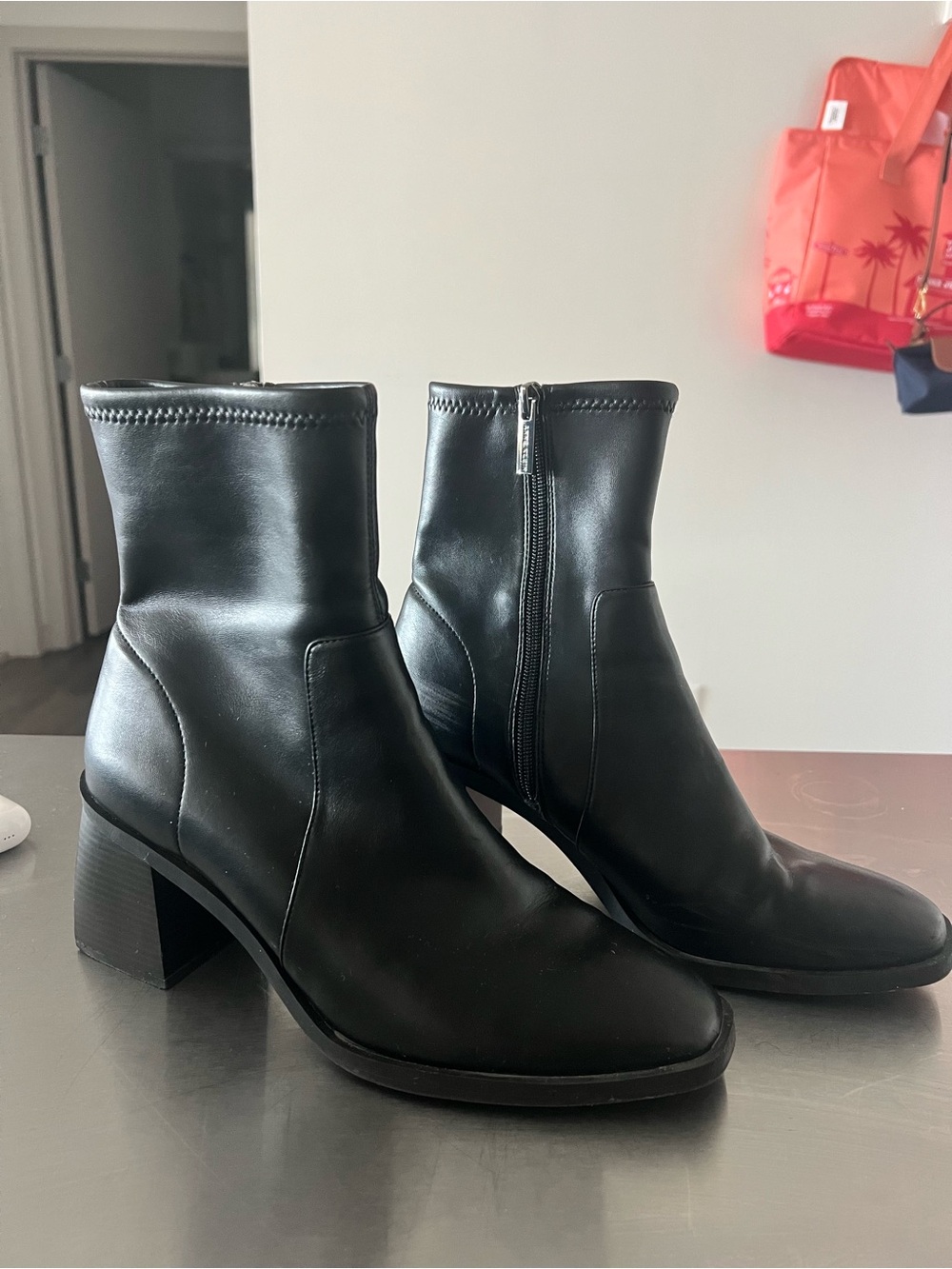 Anne Klein Black Leather Mid-Heel Ankle Boots